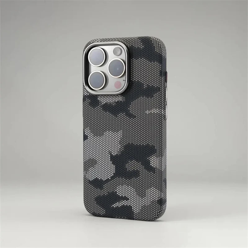 Camouflage Graffiti Relief MagSafe Phone Case For iPhone 16 15 14 13 Pro Max Magnetic Charging Alloy Lens Shockproof Hard Cover
