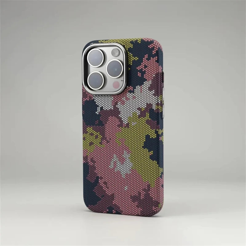Camouflage Graffiti Relief MagSafe Phone Case For iPhone 16 15 14 13 Pro Max Magnetic Charging Alloy Lens Shockproof Hard Cover