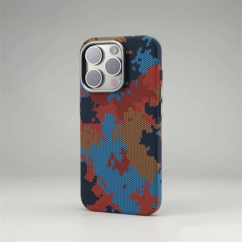 Camouflage Graffiti Relief MagSafe Phone Case For iPhone 16 15 14 13 Pro Max Magnetic Charging Alloy Lens Shockproof Hard Cover